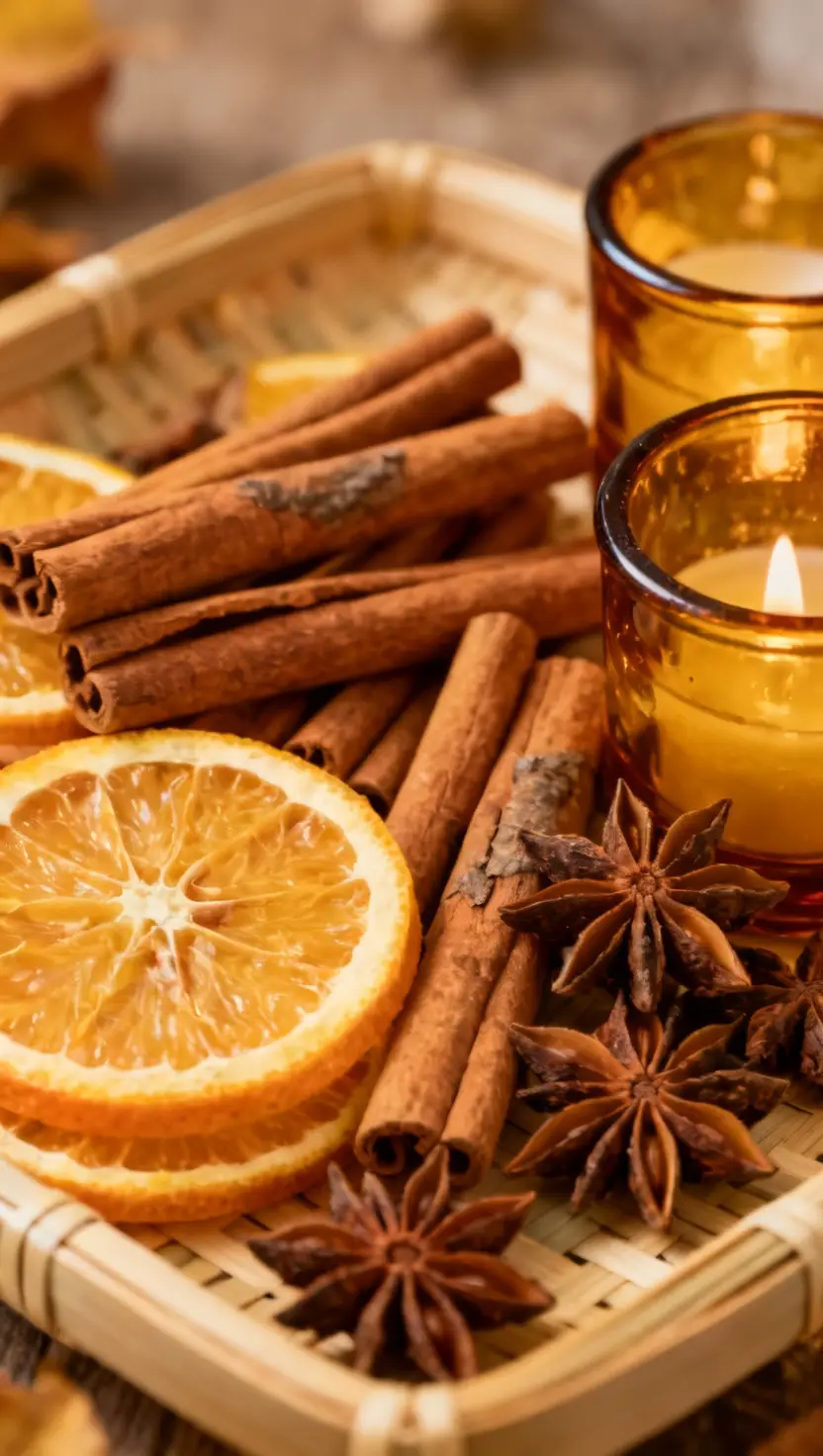 Bamboo Tray With Cinnamon Sticks, Orange Slices, Star Anise, and Amber Glass Candle Holders