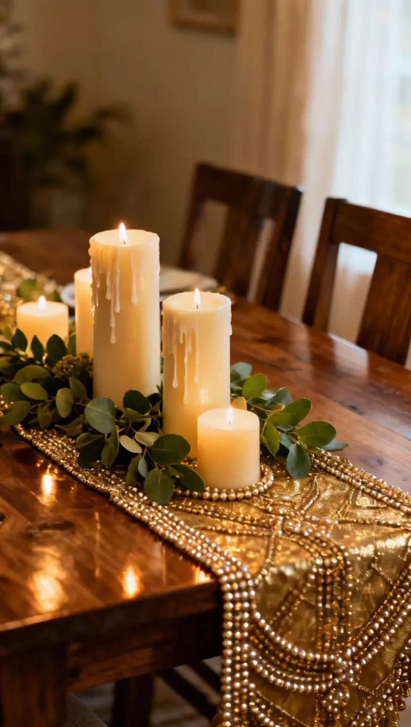 Beaded Table Runner With Ivory Candles and Greenery