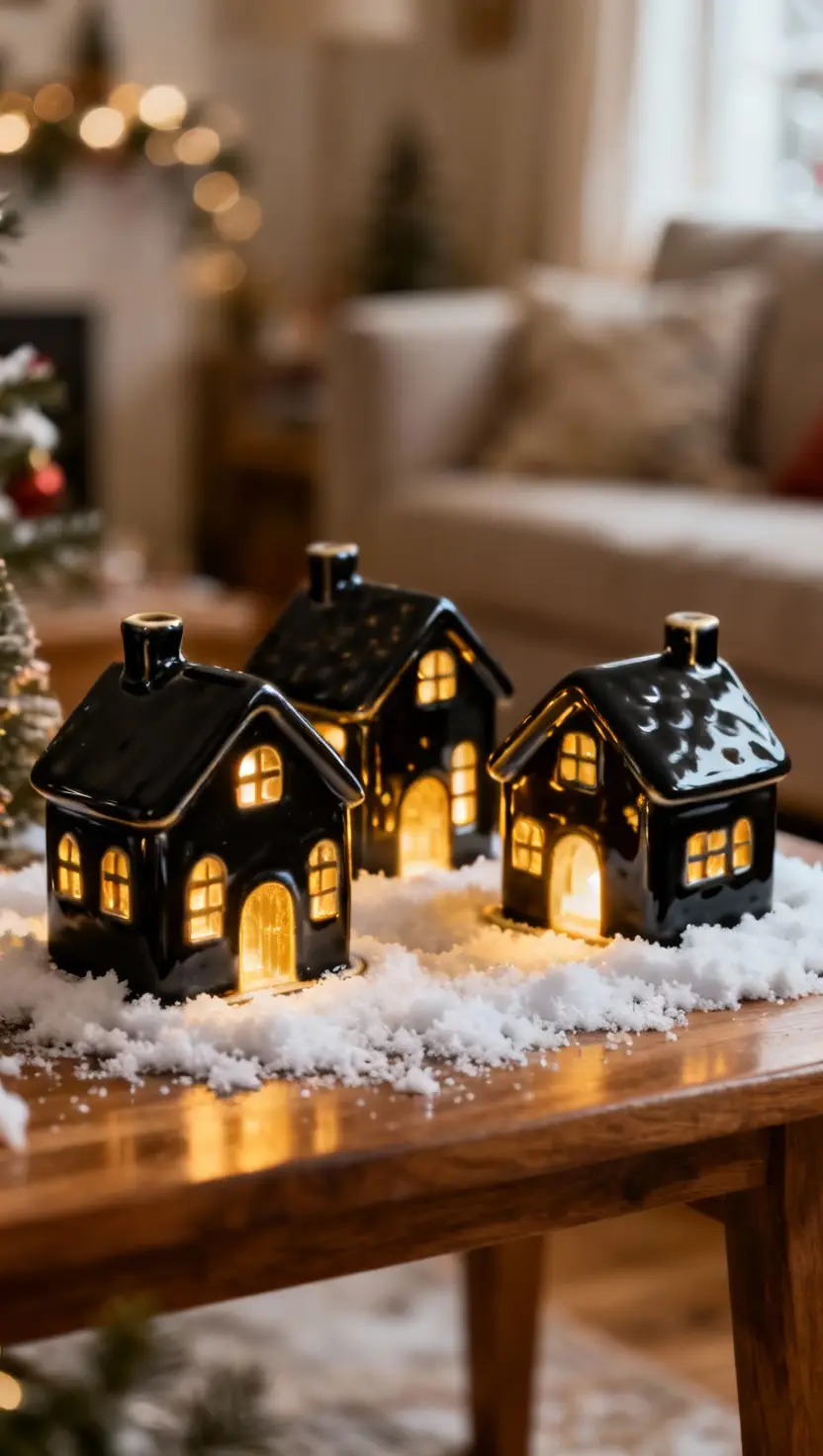 A photo of a miniature black Christmas village display, featuring small matte black ceramic houses illuminated by warm, internal lights on a snowy base, living room.