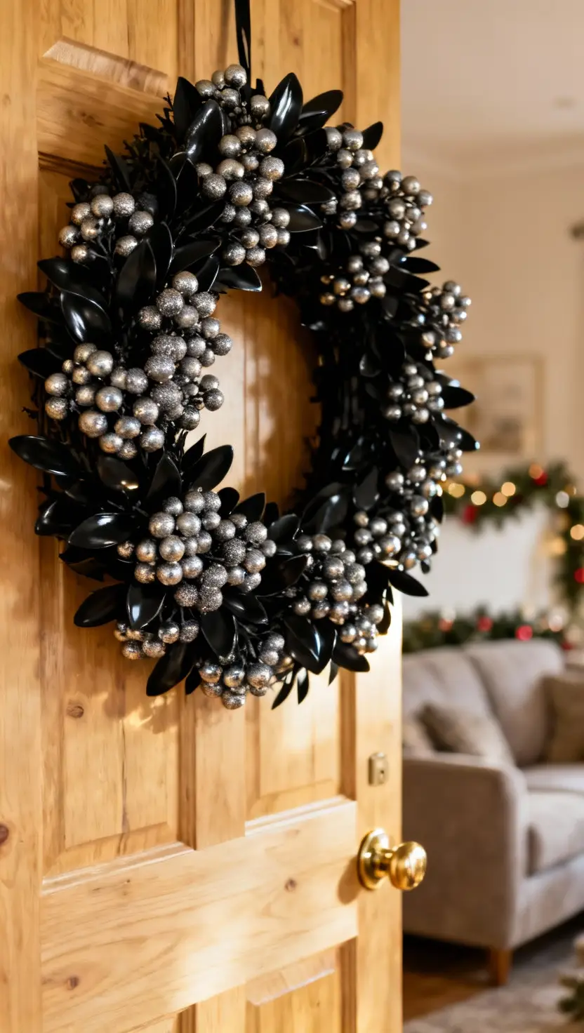 Black Christmas Wreath With Silver Berries