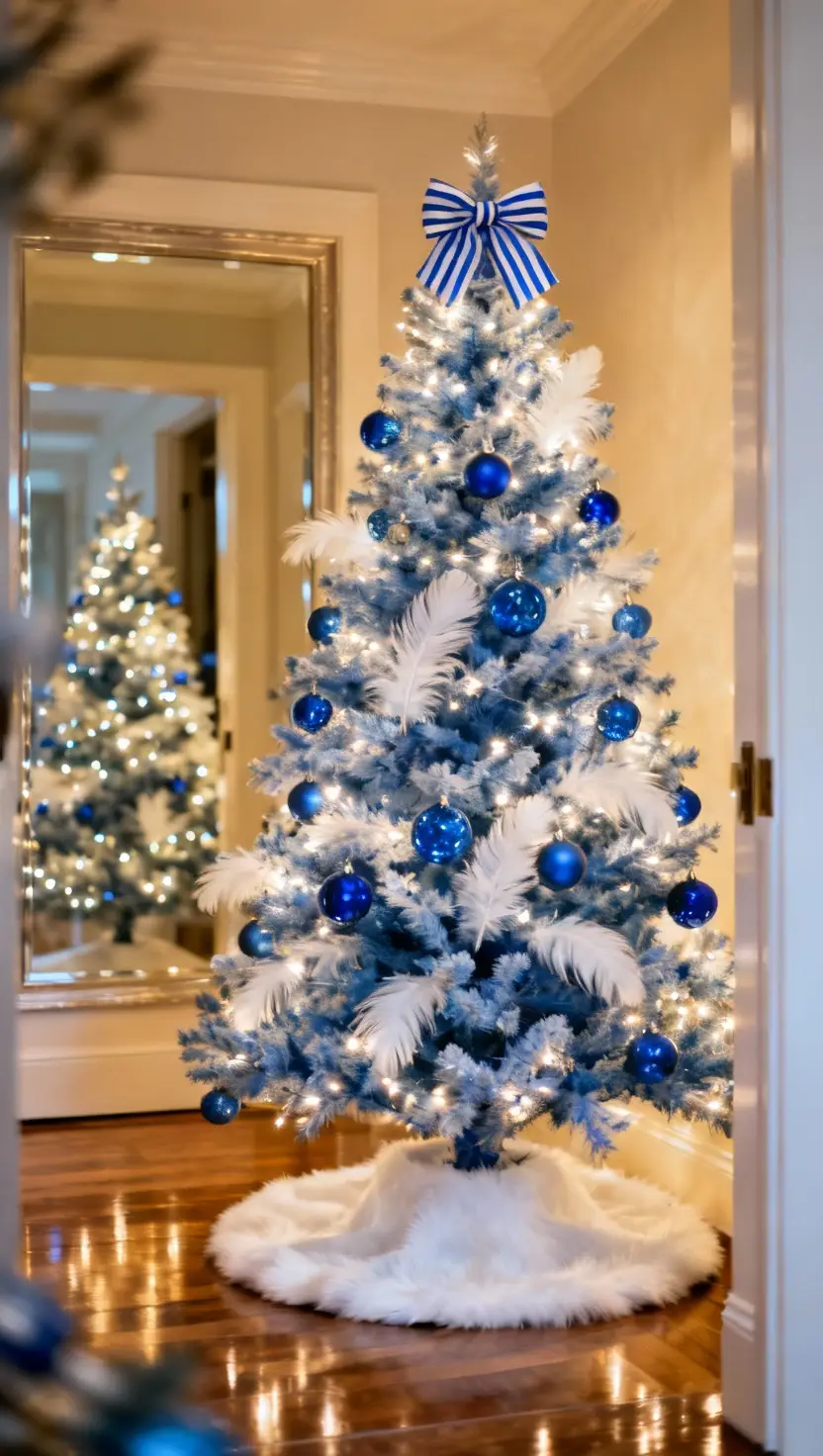 A photo of a stunning blue-and-white Christmas tree decorated in a brightly lit entryway.