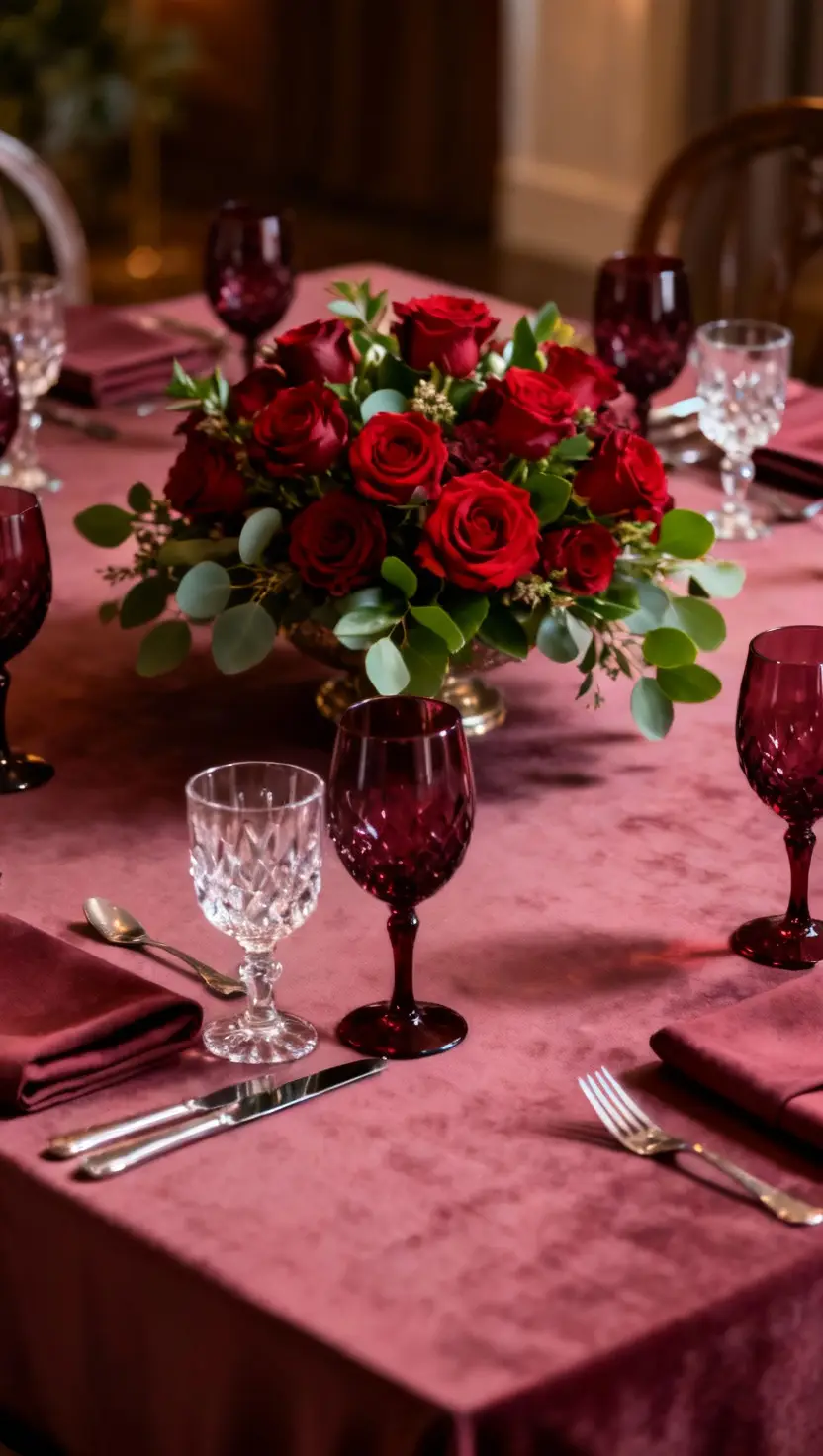 Burgundy Wine Glasses With Matching Table Linens