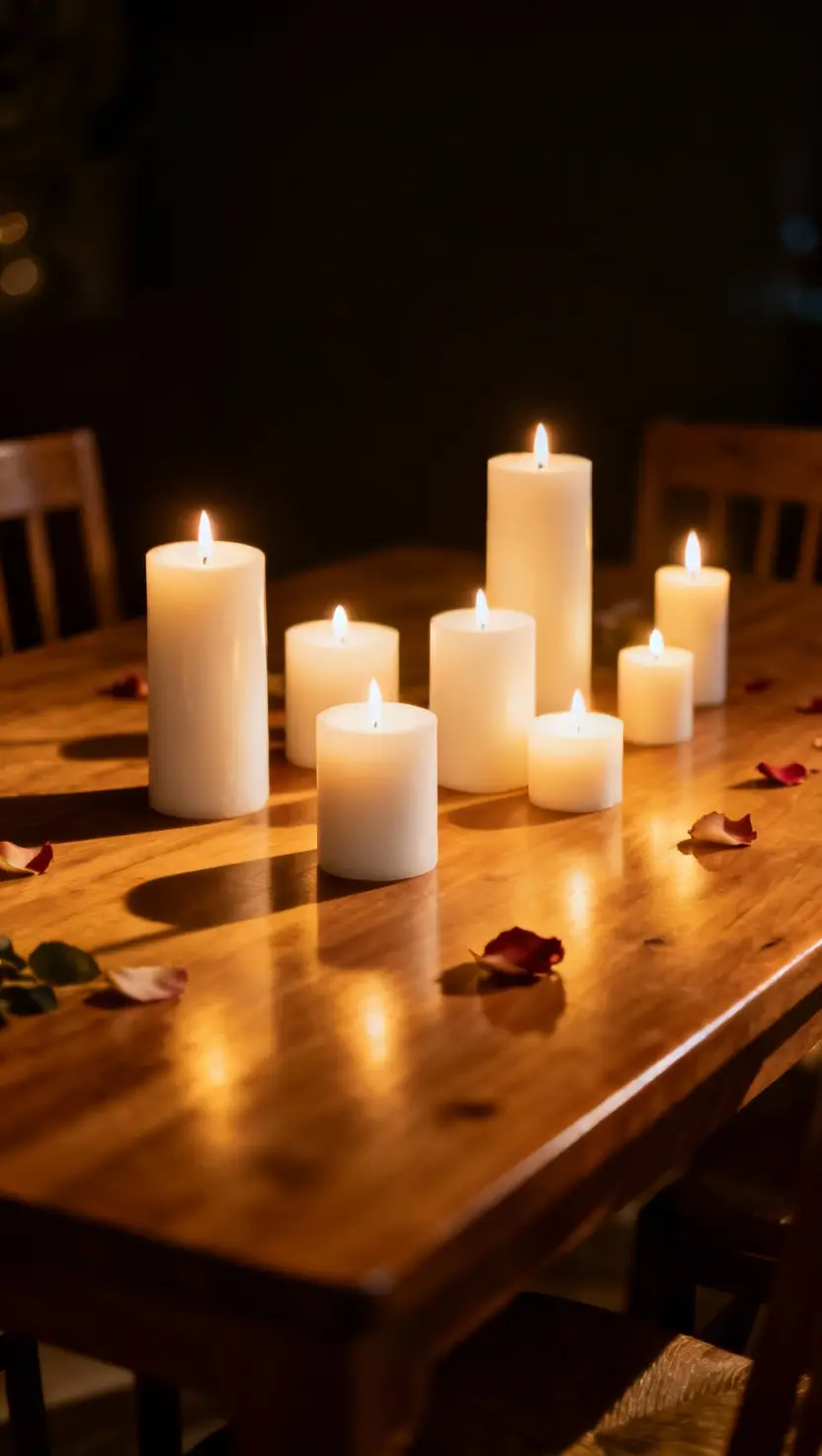 Candlelit Table With White Pillar Candles in Varying Heights