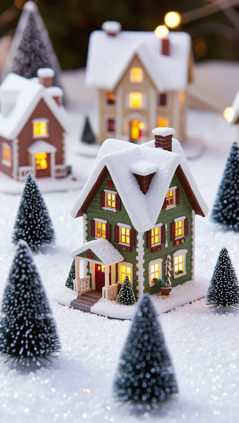 A close-up shot of a charming miniature Christmas Putz village scene, featuring tiny houses with frosted roofs and illuminated windows.