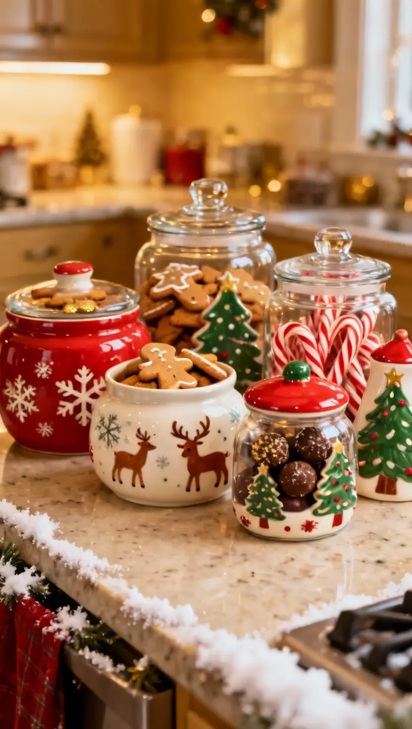 Christmas-Themed Cookie Jar Collection on Countertop