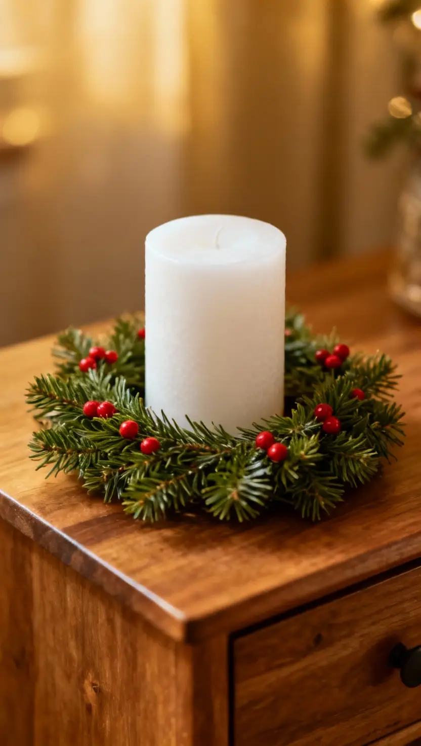 A photo of a side table, a thick white candle surrounded by a miniature green Christmas wreath.