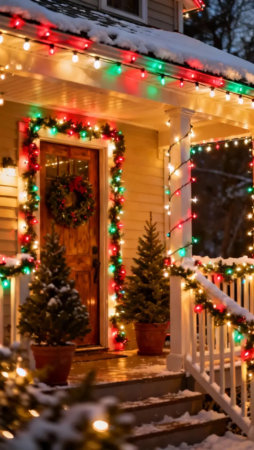 A front porch brilliantly adorned with vibrant, multicolored Christmas lights strung densely around the doorway, railing, and roofline, creating a festive, classic holiday glow.