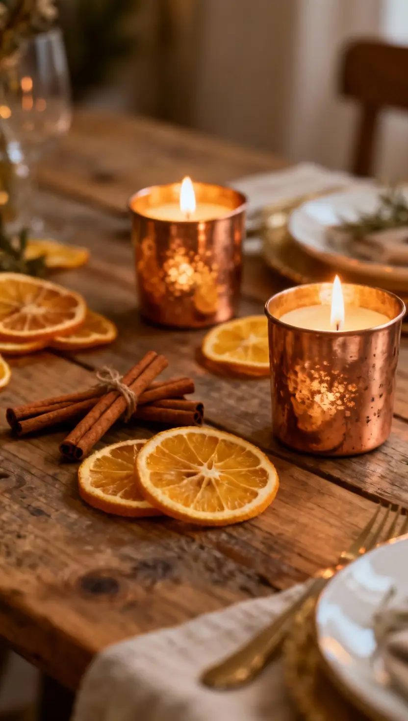 Copper Candleholders With Dried Orange Slices and Cinnamon Sticks