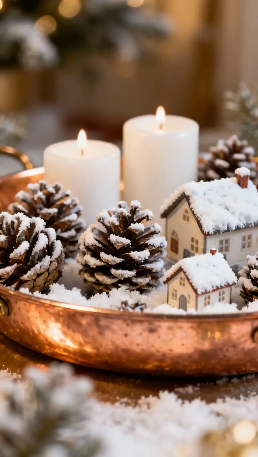 A photo of a copper tray filled with frosted pinecones, white candles, and miniature snow-covered village houses.