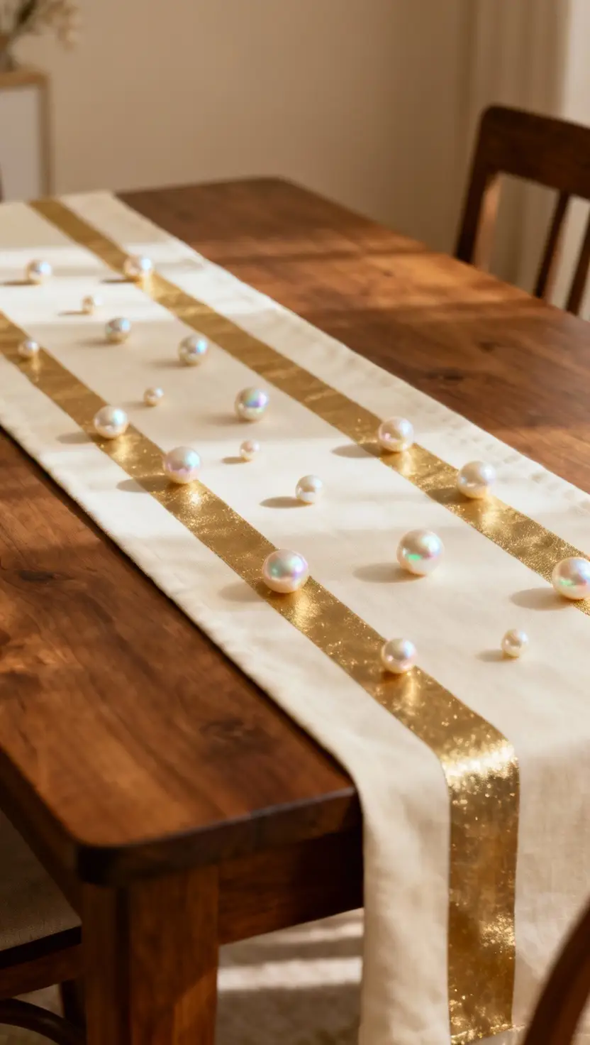 Cream and Gold Striped Table Runner With Pearl Beads