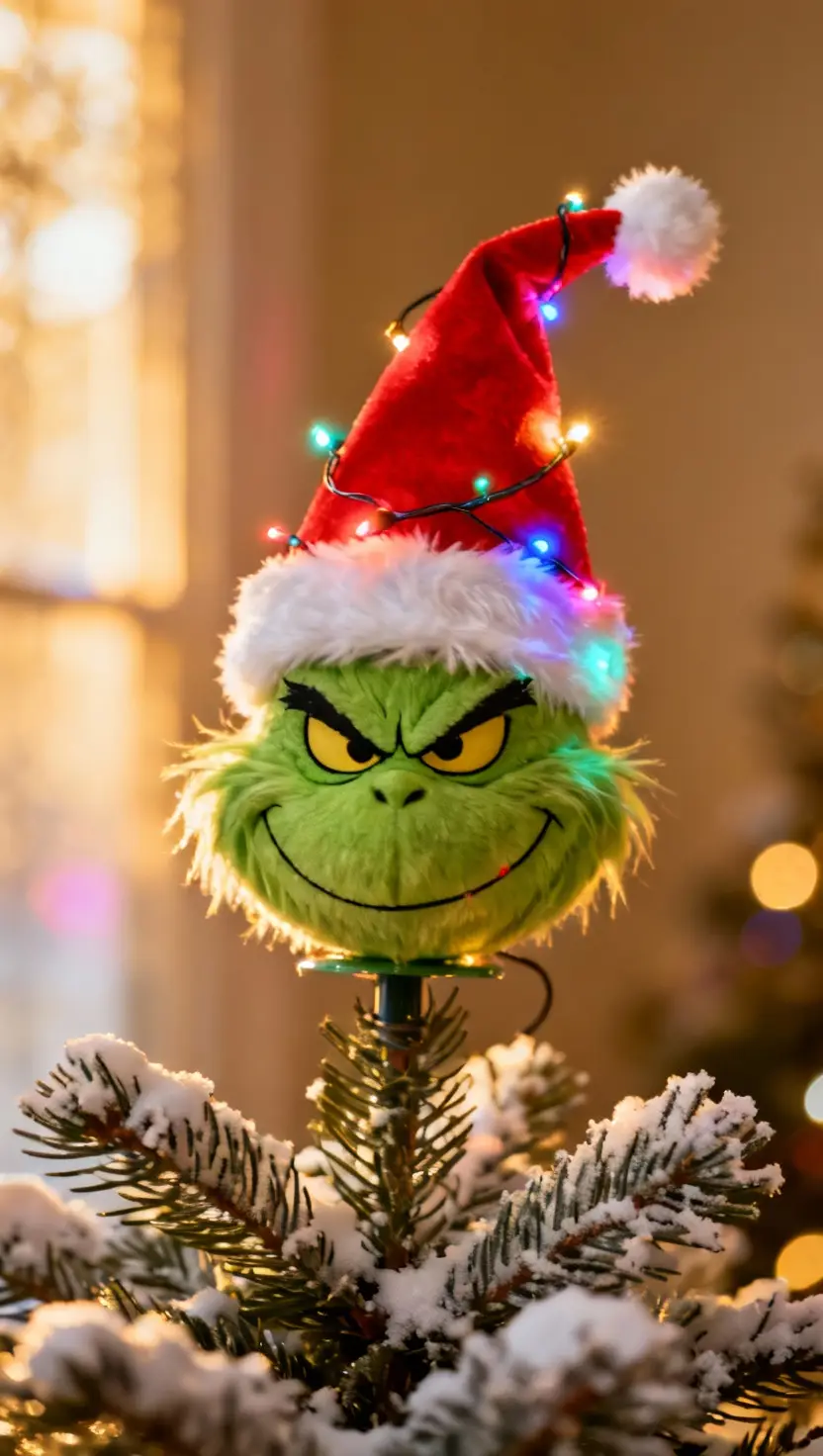 A photo of a creative Grinch tree topper, featuring the Grinch's iconic Santa hat pointing upwards with bright, twinkling lights.