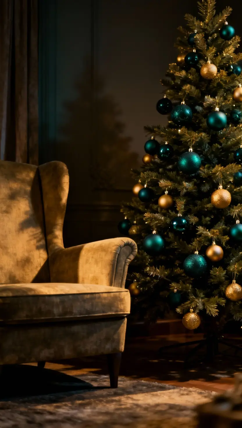 A photo of a stylish Christmas tree display featuring matte and glossy dark teal Christmas balls scattered among the branches, tucked beside a large armchair in a quiet den, moody lighting.
