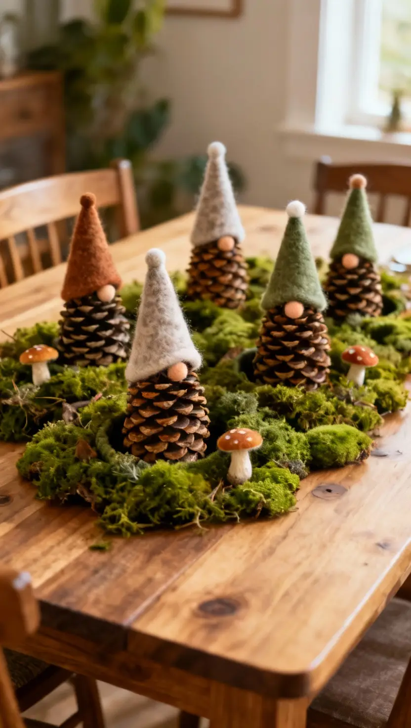 A dining table featuring several whimsical handcrafted cone-shaped elf figures made from pinecones and felt, nestled amongst moss and small woodland mushrooms, playful and unique.