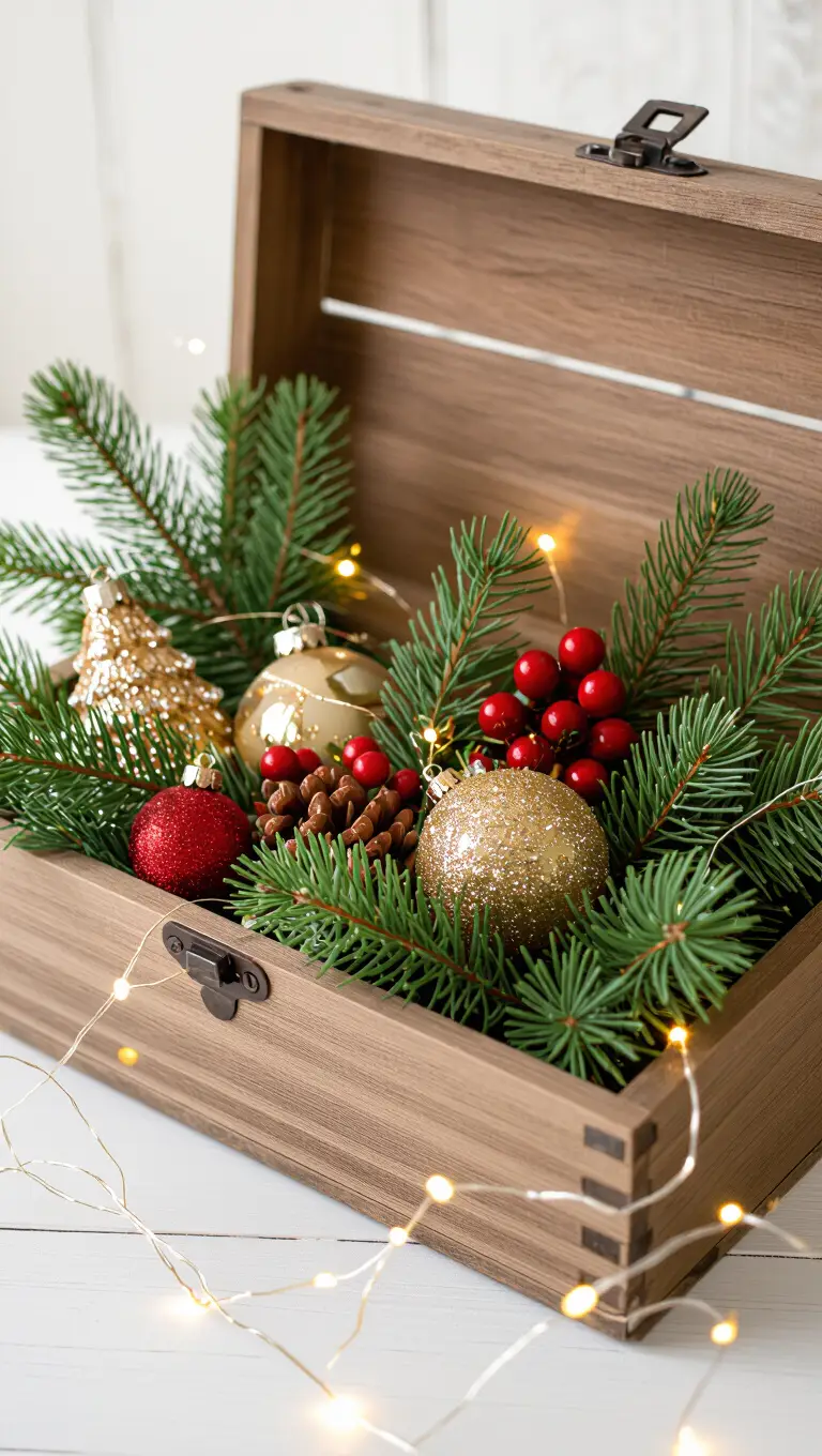 A photo of a rustic wooden toolbox filled with small Christmas decorations, evergreen boughs, and twinkling lights.
