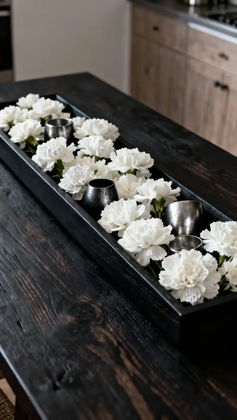 Ebony Black Table Centerpiece With White Flowers