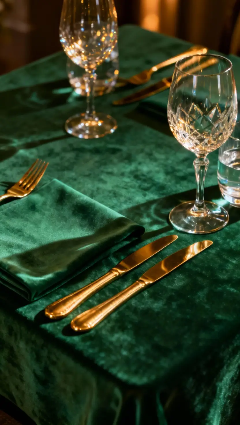 Emerald Green Tablecloth With Gold Cutlery and Crystal Glasses