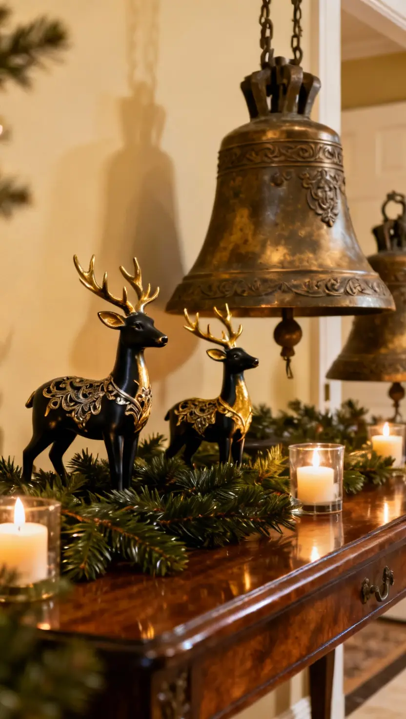 A photo of an entryway table decorated with evergreens, elegant black and gold deer figurines, large antique bells, and lit candles.