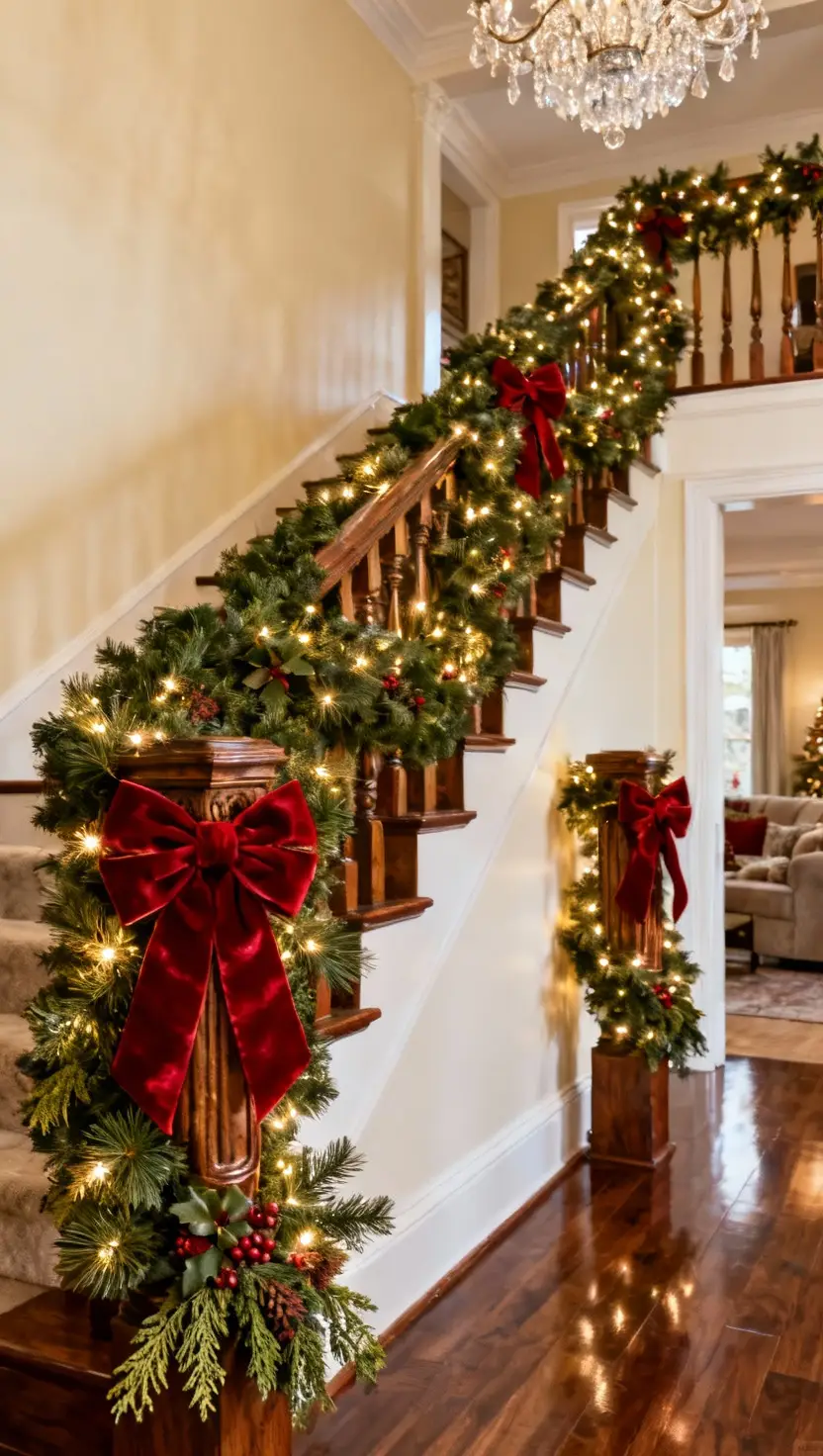 Festive Garland Displays on Staircase Railings