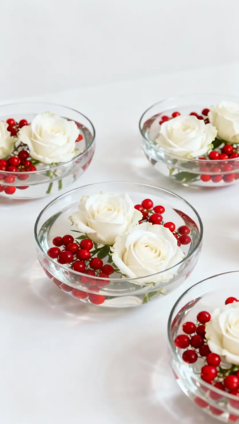 Floating Flower Arrangement in Glass Bowls With White Roses and Berries