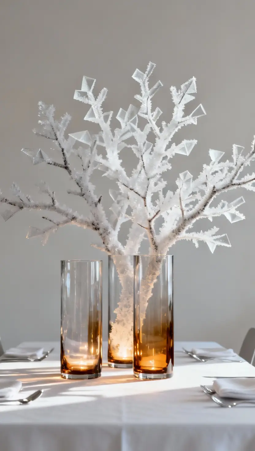 Frosted White Branches in Tall Clear Vases as Centerpiece