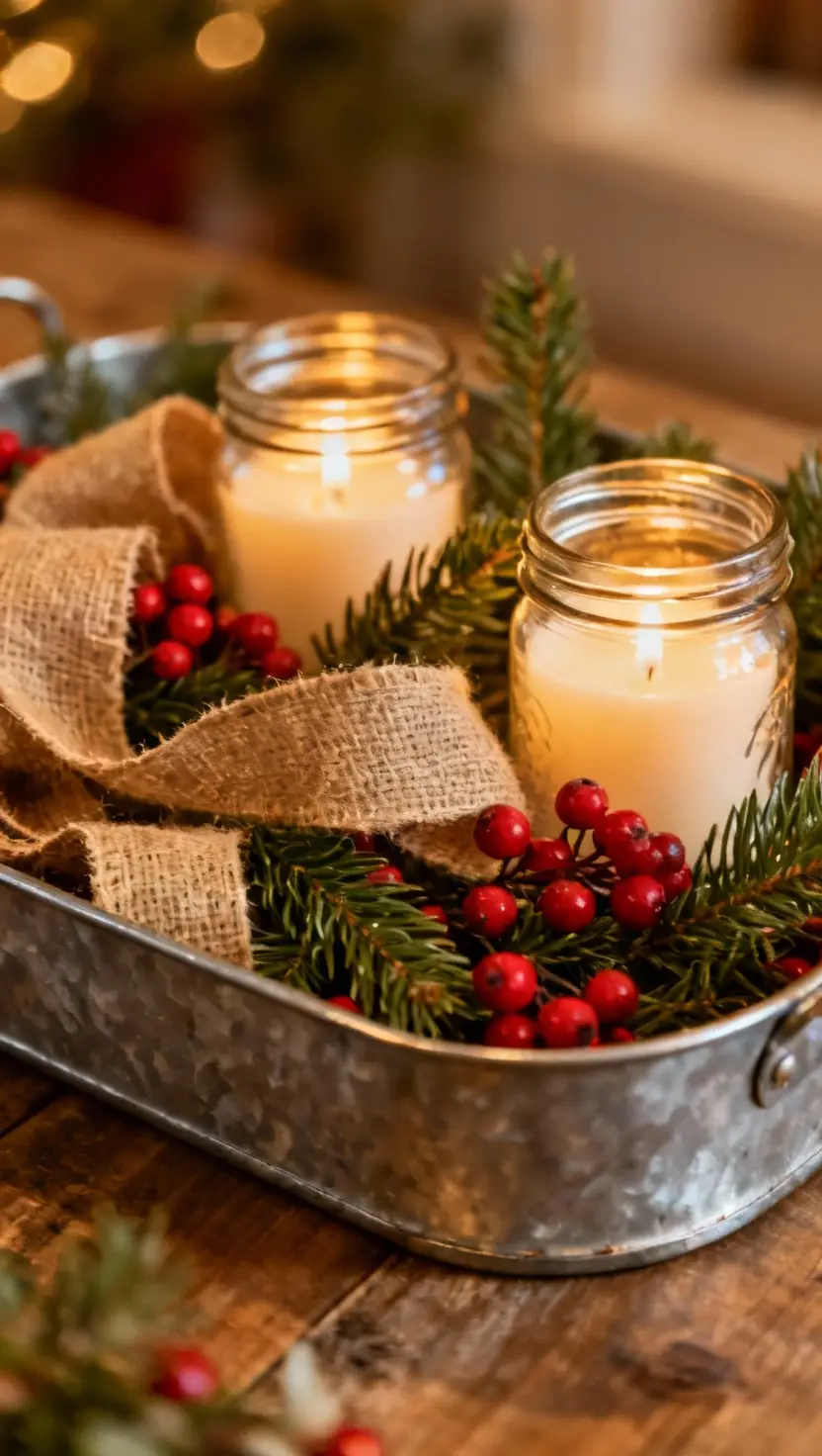 Galvanized Metal Tray With Burlap Ribbon, Red Berries, Evergreen Sprigs, and Mason Jar Candles