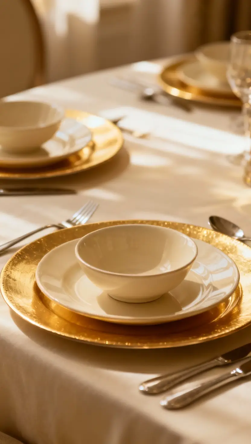 Gold Charger Plates With Cream-Colored Dinnerware