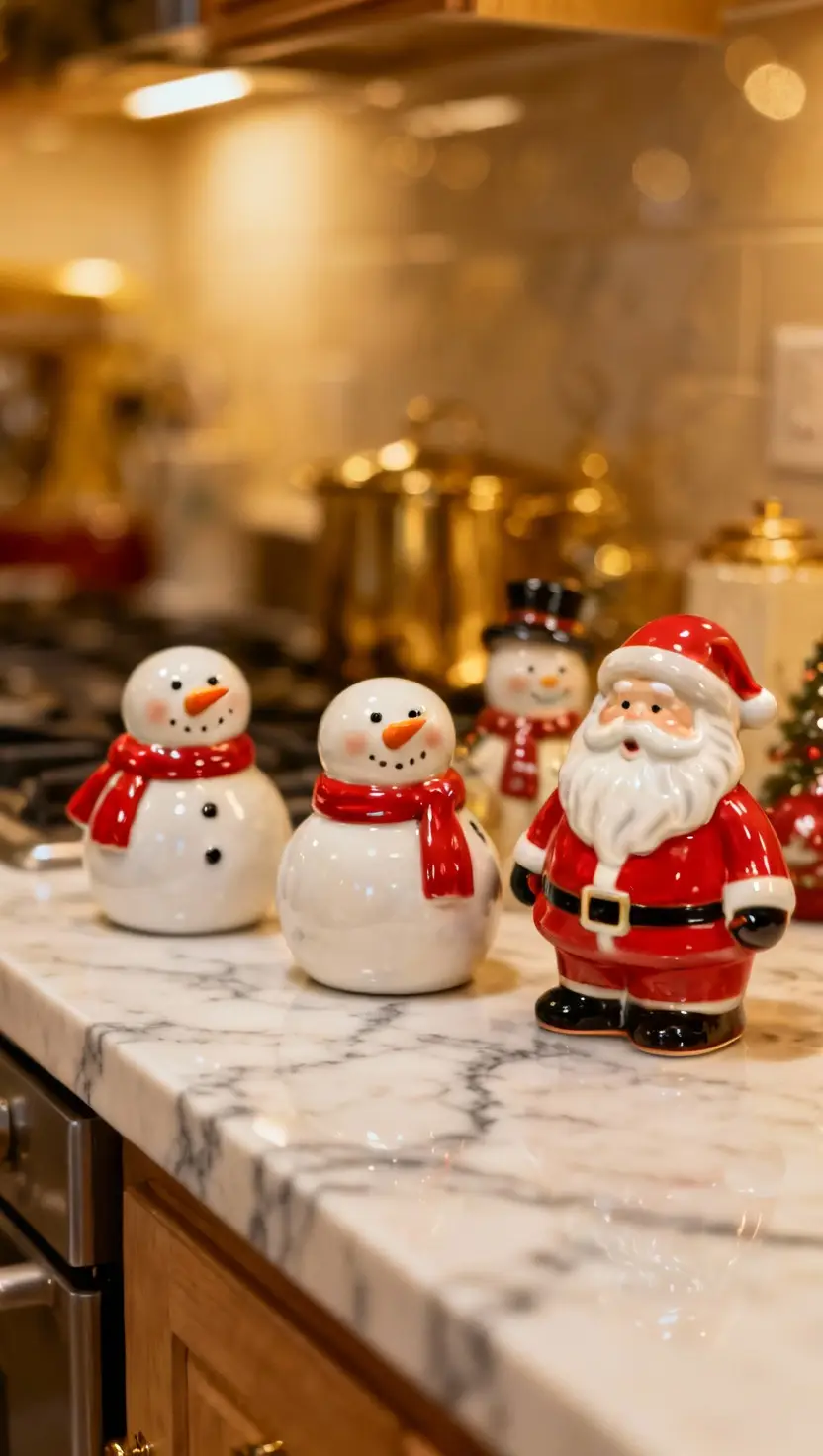 A close-up photo of kitchen countertop featuring a collection of charming holiday-themed ceramic figurines like snowmen or Santa Claus.