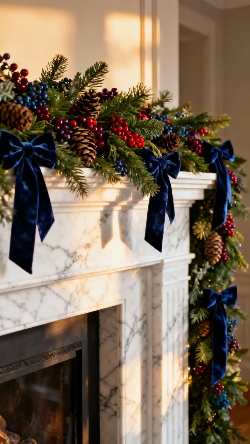 A photo of an elegant white marble fireplace topped with a lush, jewel-toned garland intertwined with deep sapphire velvet ribbon.