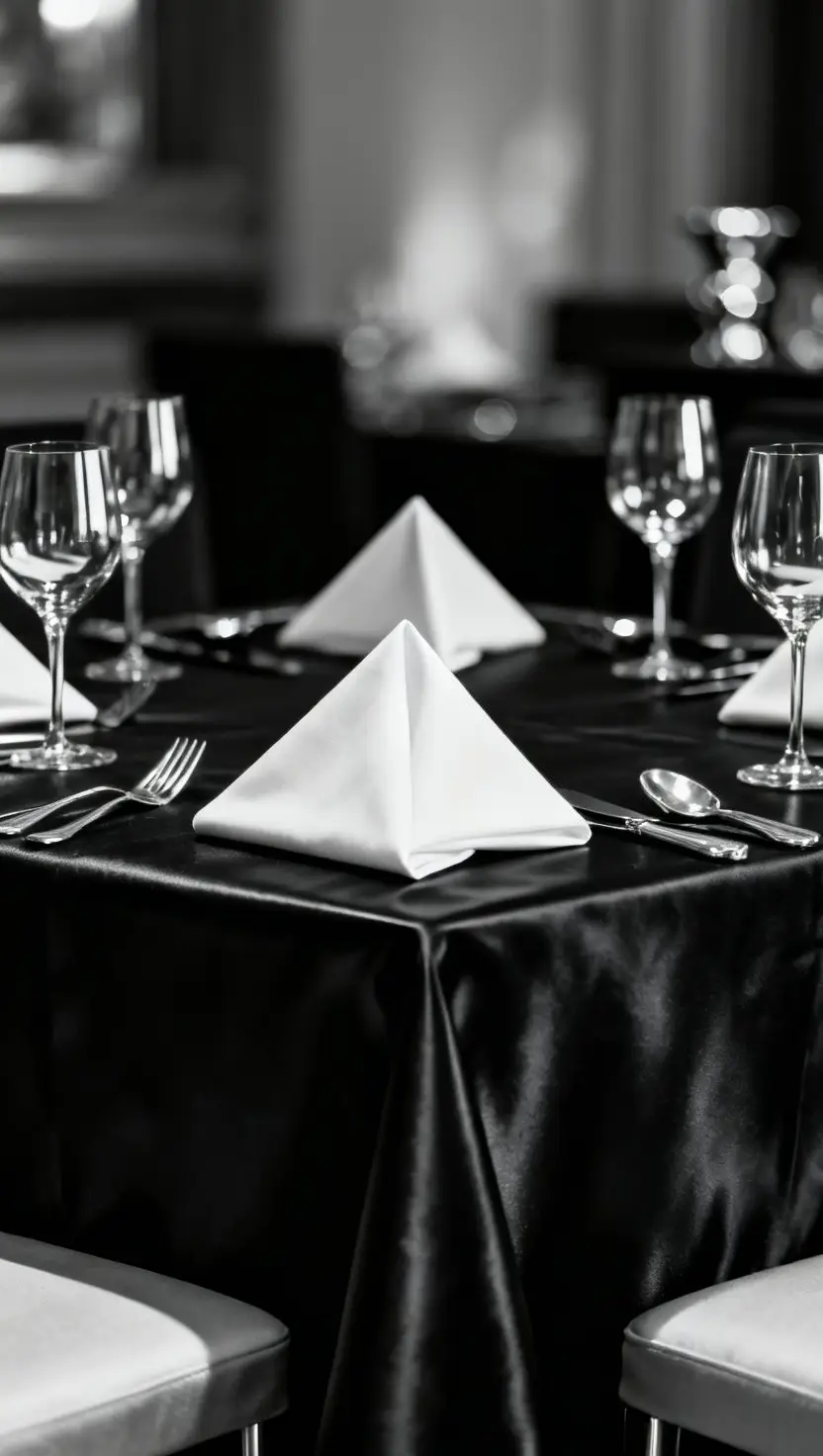 Luxury Black Tablecloth With White Linen Napkins and Silver Accents