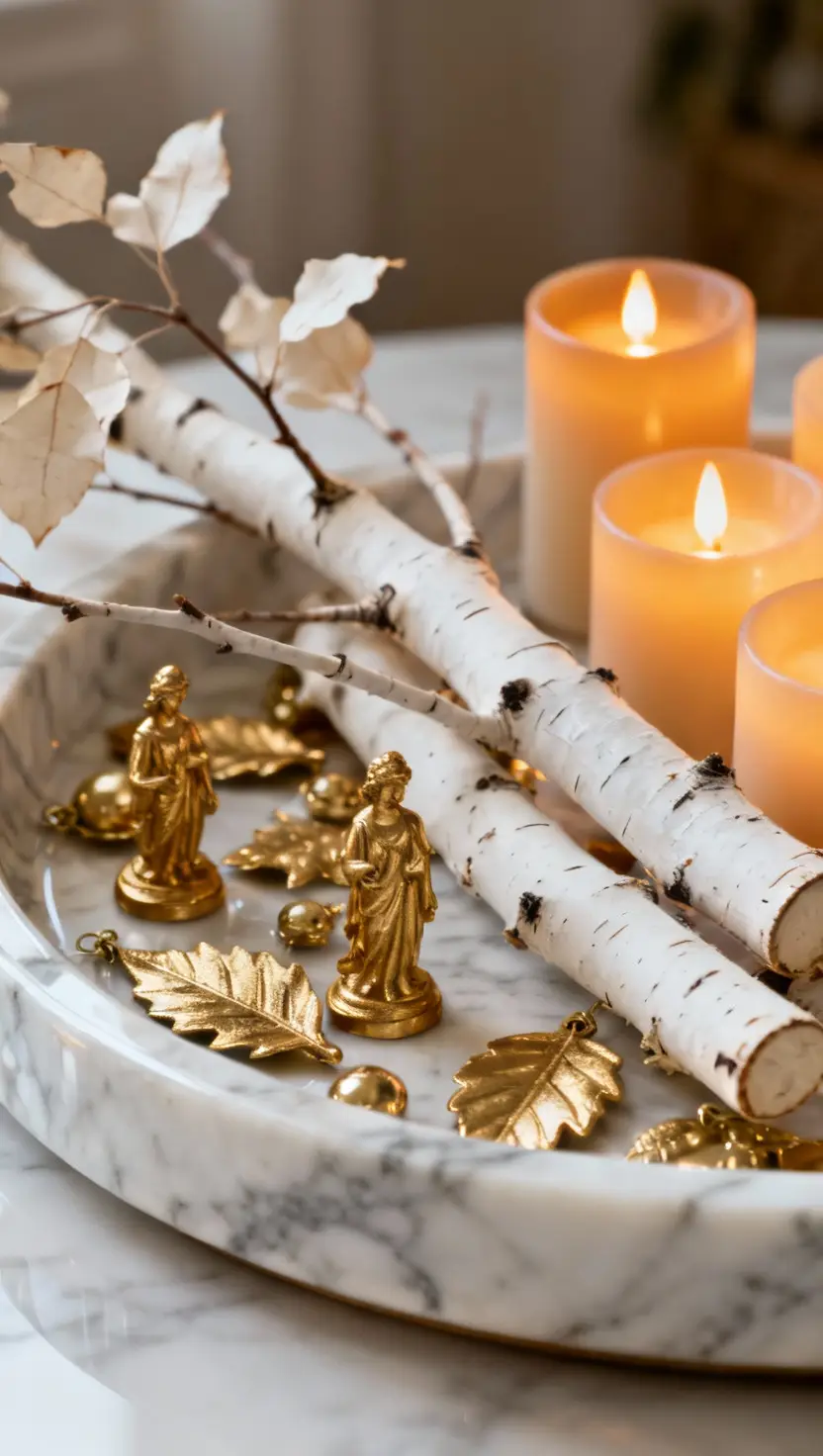 Marble Tray With Gold Ornaments, White Birch Branches, and Flameless Led Candles