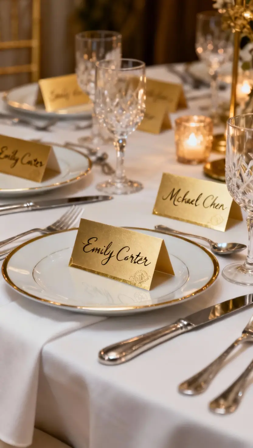 Metallic Gold Place Cards With Guest Names in Calligraphy