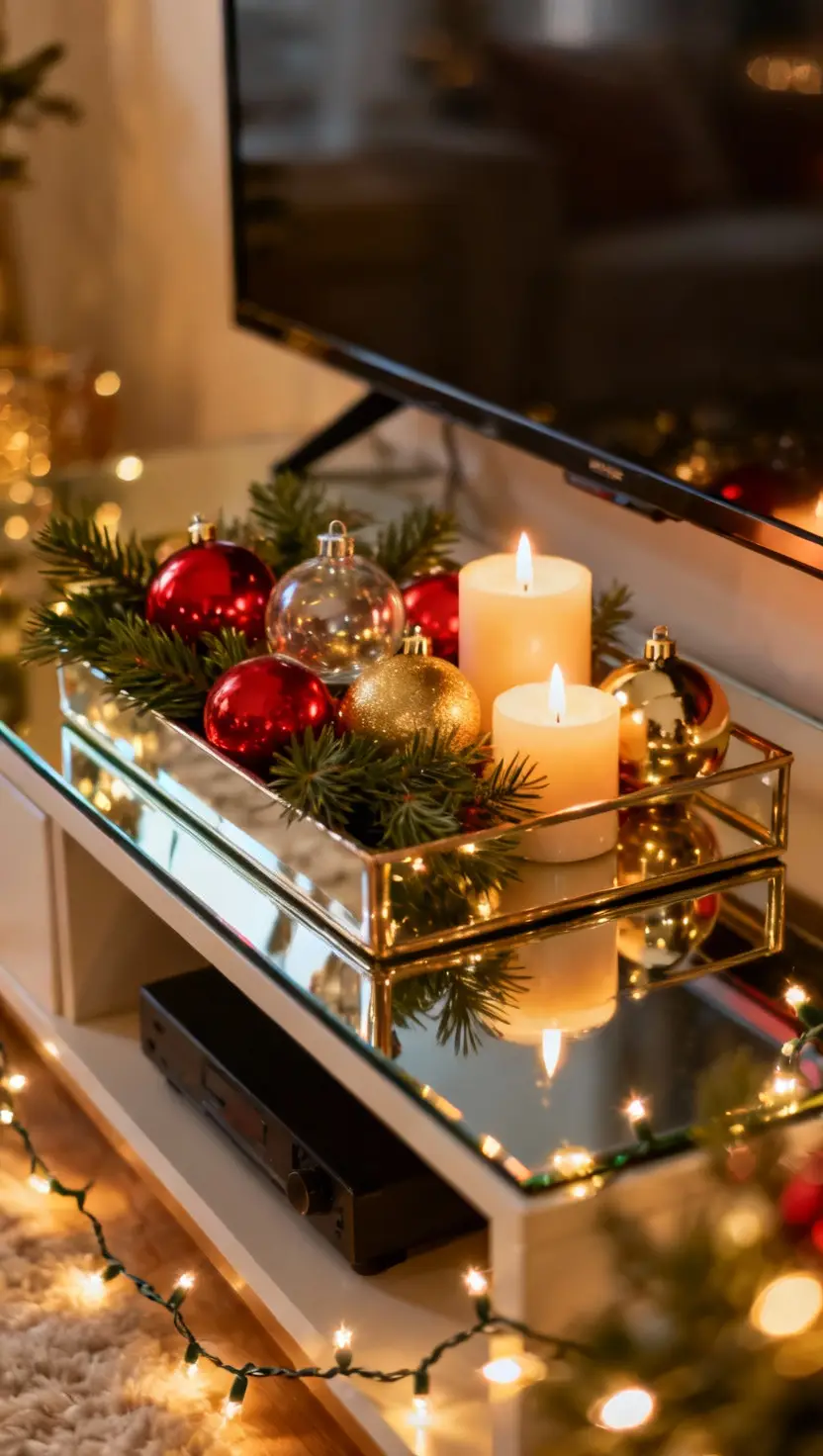 A photo of a mirrored tray on a TV stand filled with glass baubles, greenery, and candles reflecting soft holiday lights.