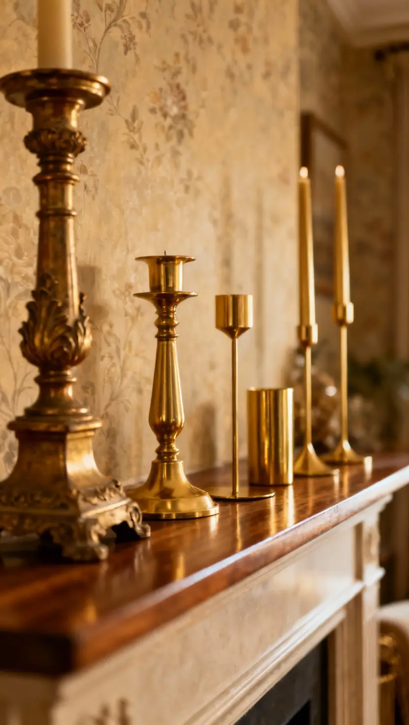 Mix of Vintage and Modern Gold Candle Holders at Varying Heights