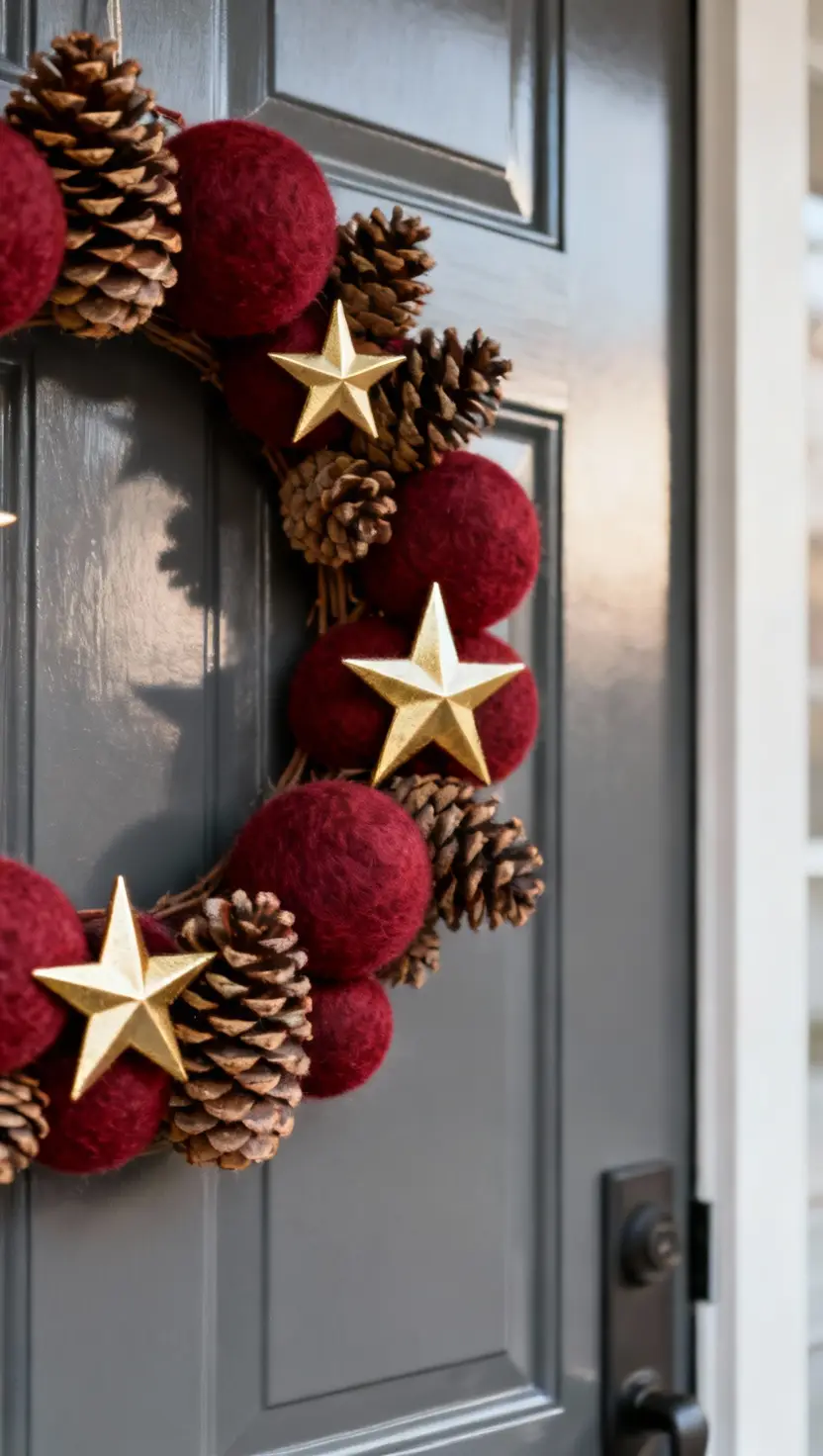 A photo of a modern gray front door showcasing a wreath made of mixed textures like smooth felt circles, rough pinecones, and sharp metallic stars, forming a varied composition.