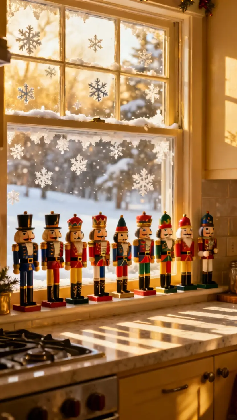 A kitchen windowsill lined with a vibrant collection of traditional nutcracker figurines, standing at attention and overlooking the snowy scene outside.
