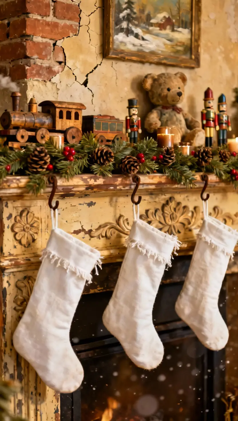 A photo of an old fashioned farmhouse Christmas mantel, decorated with vintage toys, natural garland, and simple white stockings.