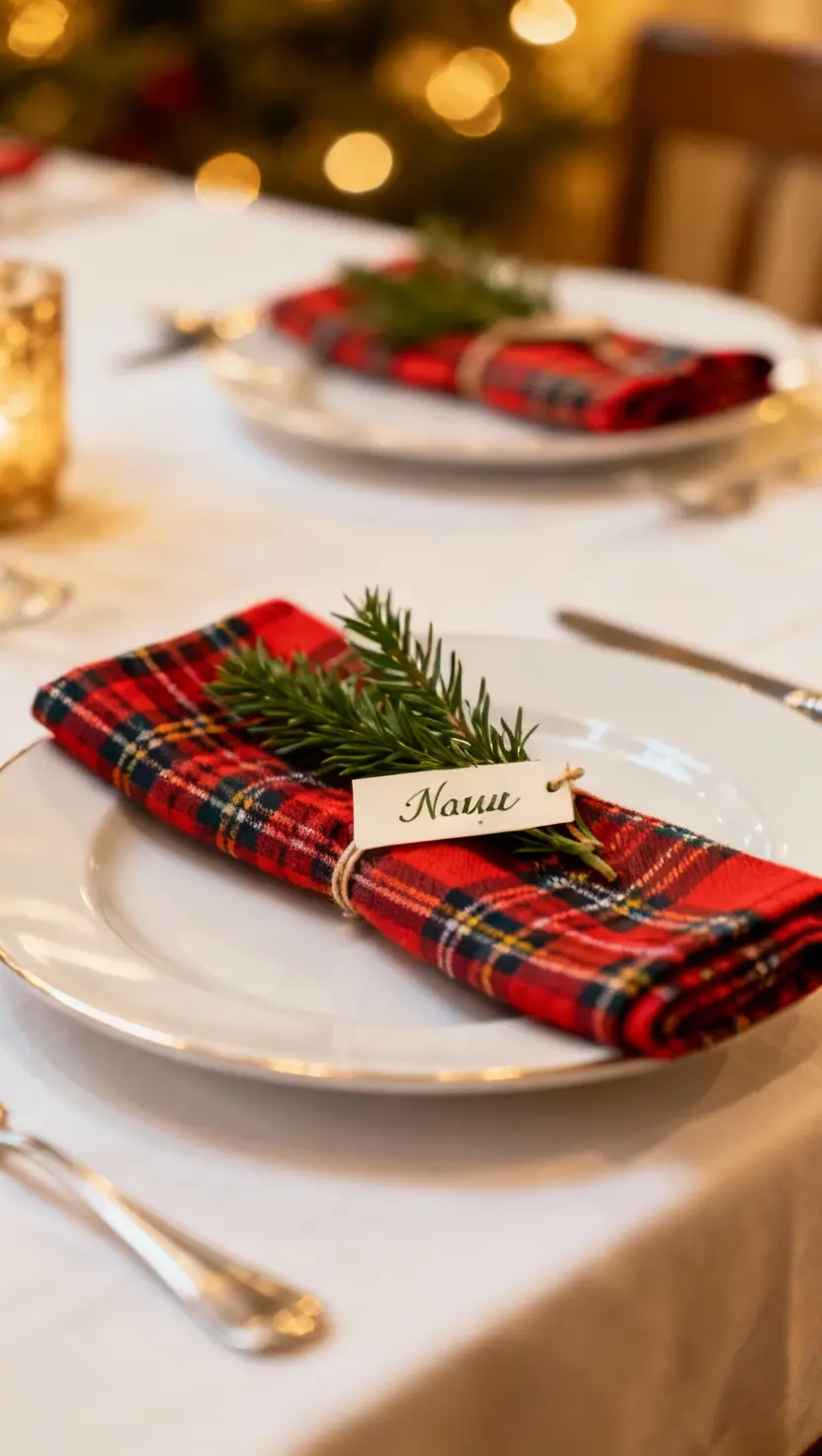 Plaid Napkins With Simple Greenery Name Place Holders