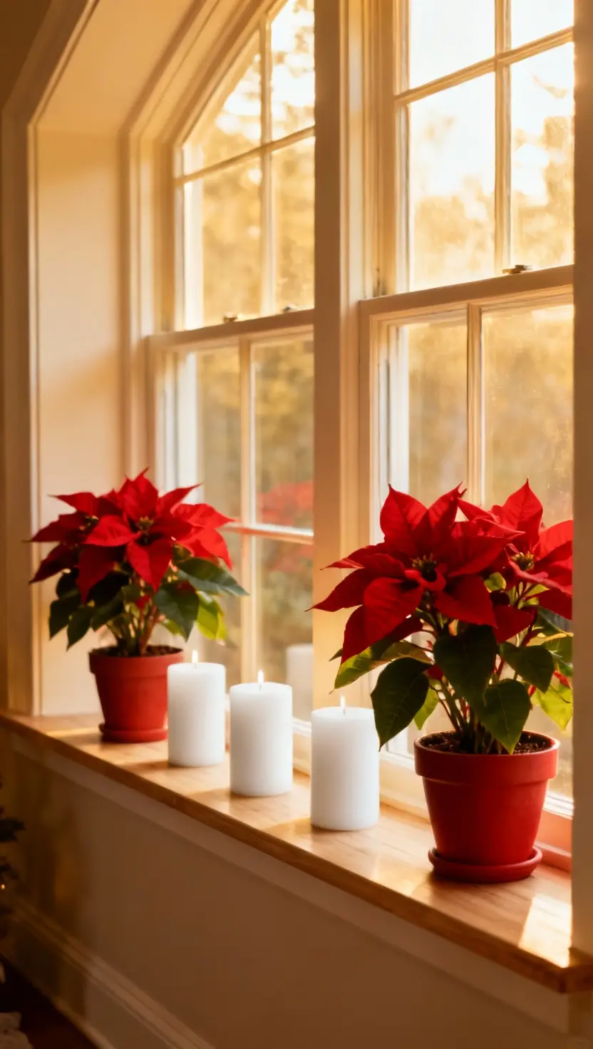 Potted Poinsettias Alternated With White Pillar Candles