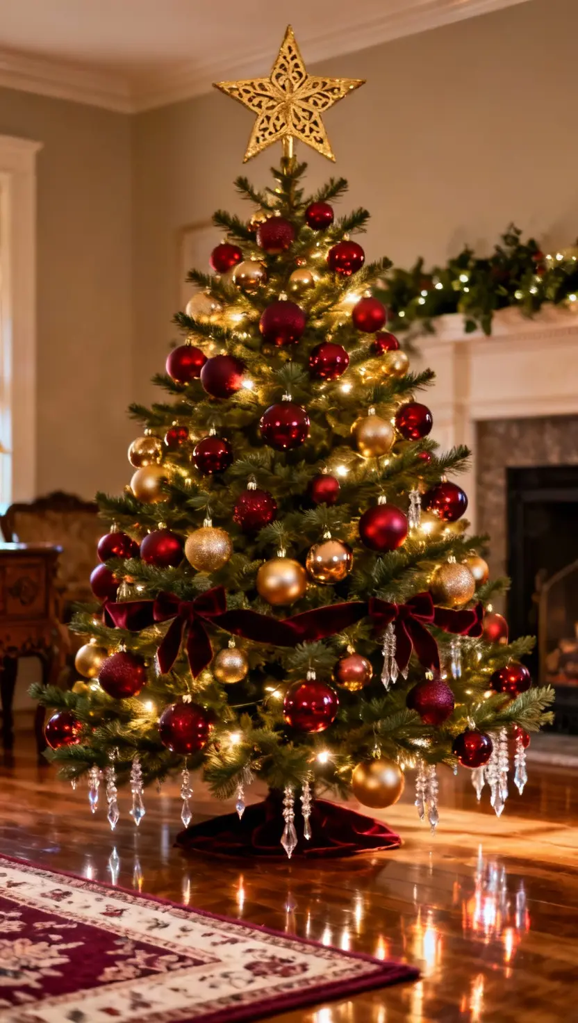 A photo of a living room centered on a classic, dazzling Christmas tree heavily adorned with traditional, highly reflective red and rich gold ornaments.