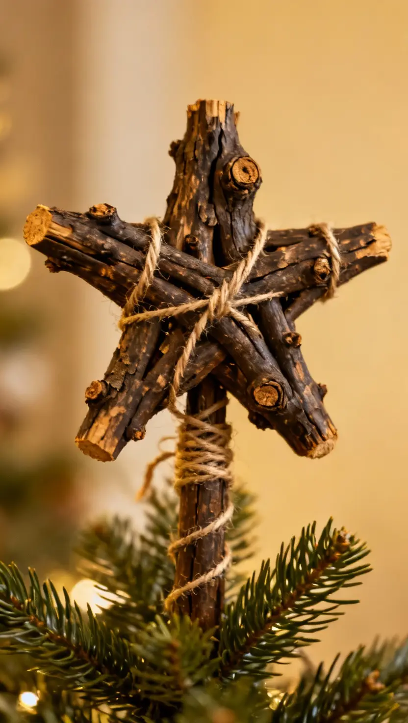A close-up photo of a Christmas tree with a rough-hewn, rustic star topper crafted from dark, knotty wood branches with a natural twine detail.