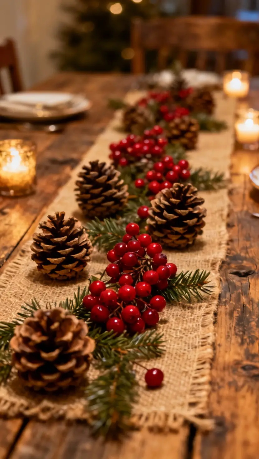 Rustic Wooden Table Runner With Pinecones and Red Berries