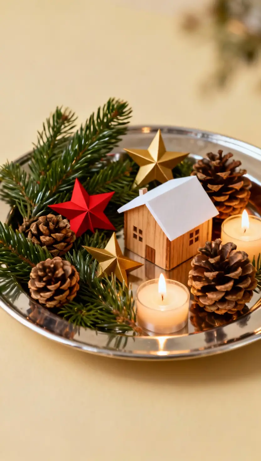 Silver Tray With Evergreens, Pinecones, Paper Stars, Candles and a Little House
