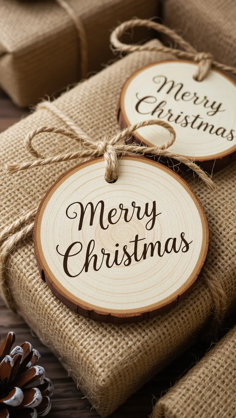 A photo of natural wooden slice gift tags featuring handwritten "Merry Christmas" in elegant script, tied onto burlap-wrapped presents.