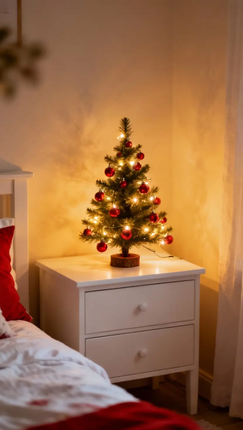 A tiny, perfectly decorated Christmas tree with small red ornaments and battery-operated lights, placed on a white dresser in a small bedroom.