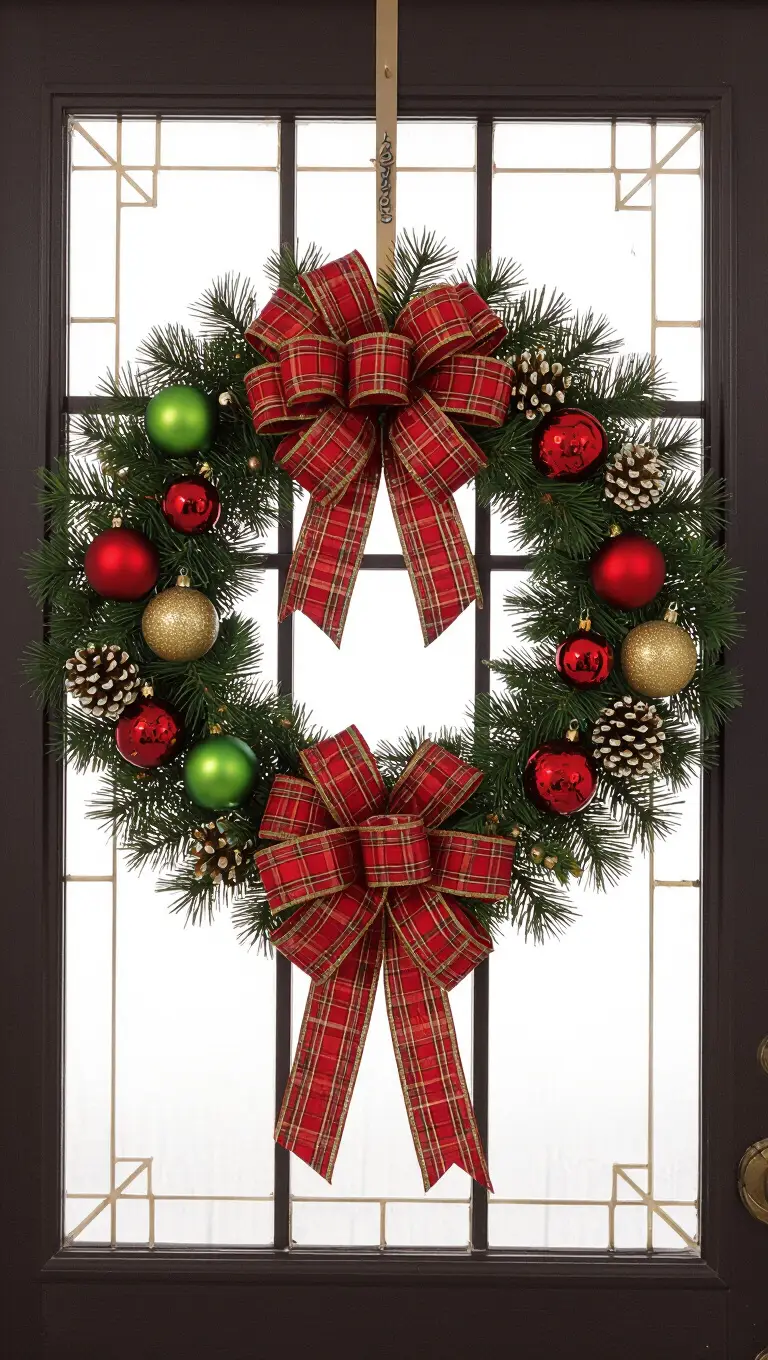 A front door greeting visitors with a timeless, full artificial Christmas wreath featuring traditional pine branches, bows, and standardized ornaments.