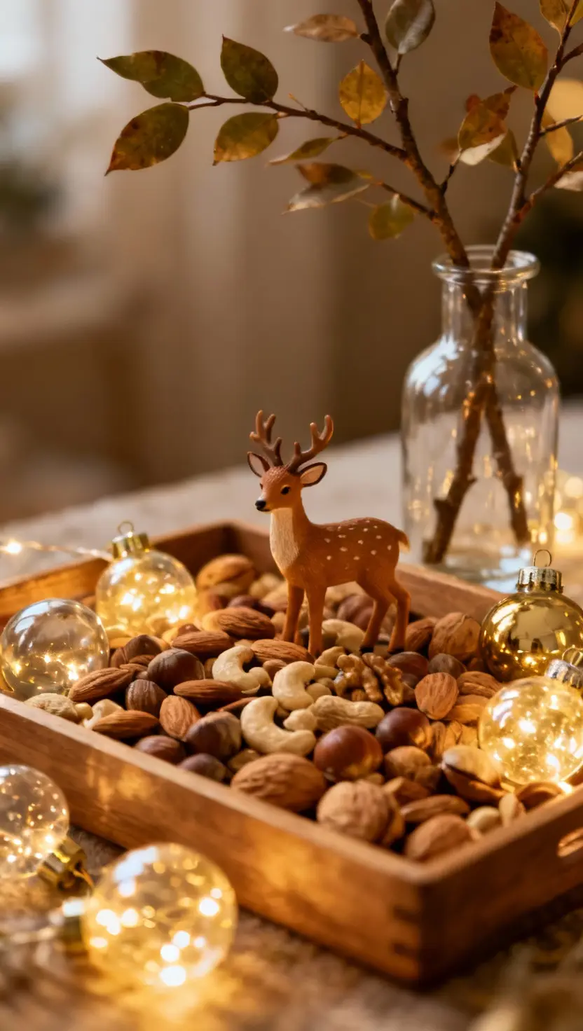 Tray With Nuts, a Deer, Ornaments, Bulbs and a Branch in a Glass Vase