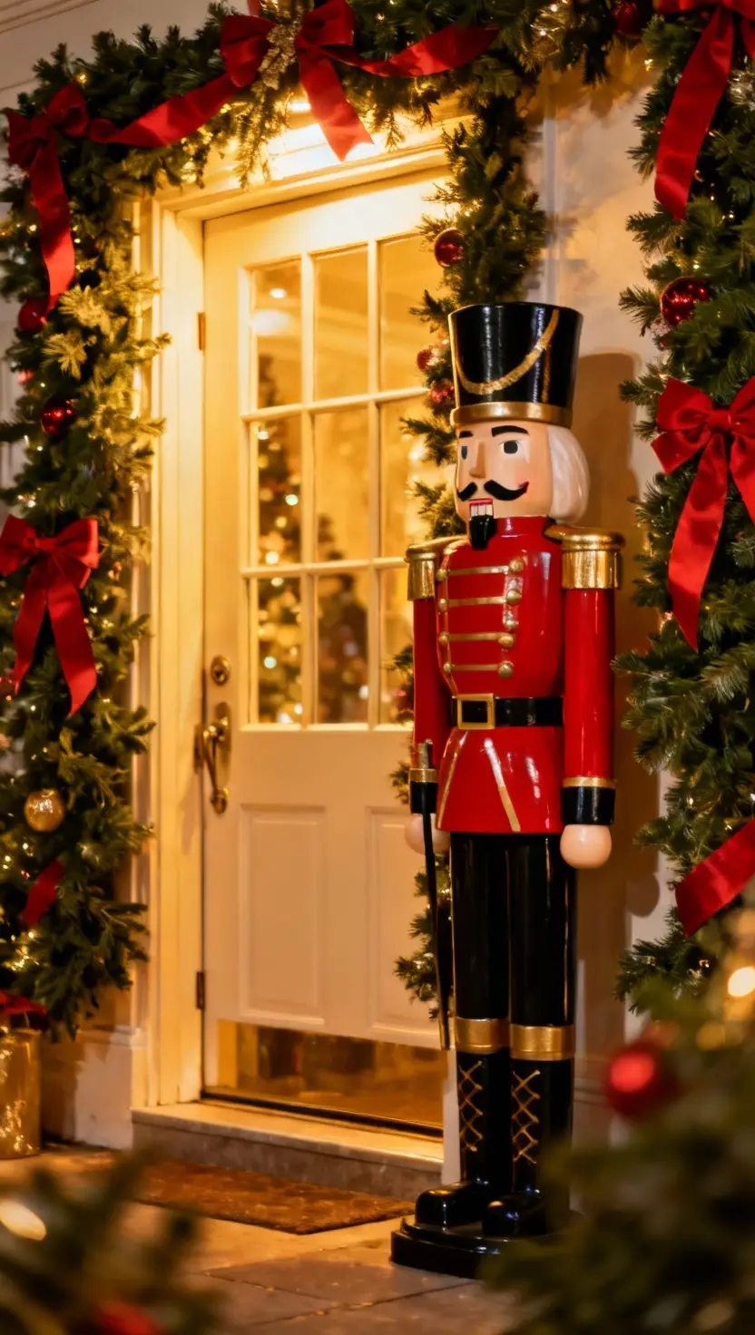 A photo of a grand entrance featuring a life-sized Nutcracker figure standing guard beside a brightly lit front door, surrounded by lush evergreen garland and red ribbons.