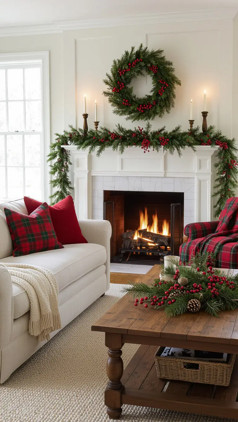 A classic living room dressed for Christmas emphasizing timeless traditional elements like tartan, pine, and red berries.
