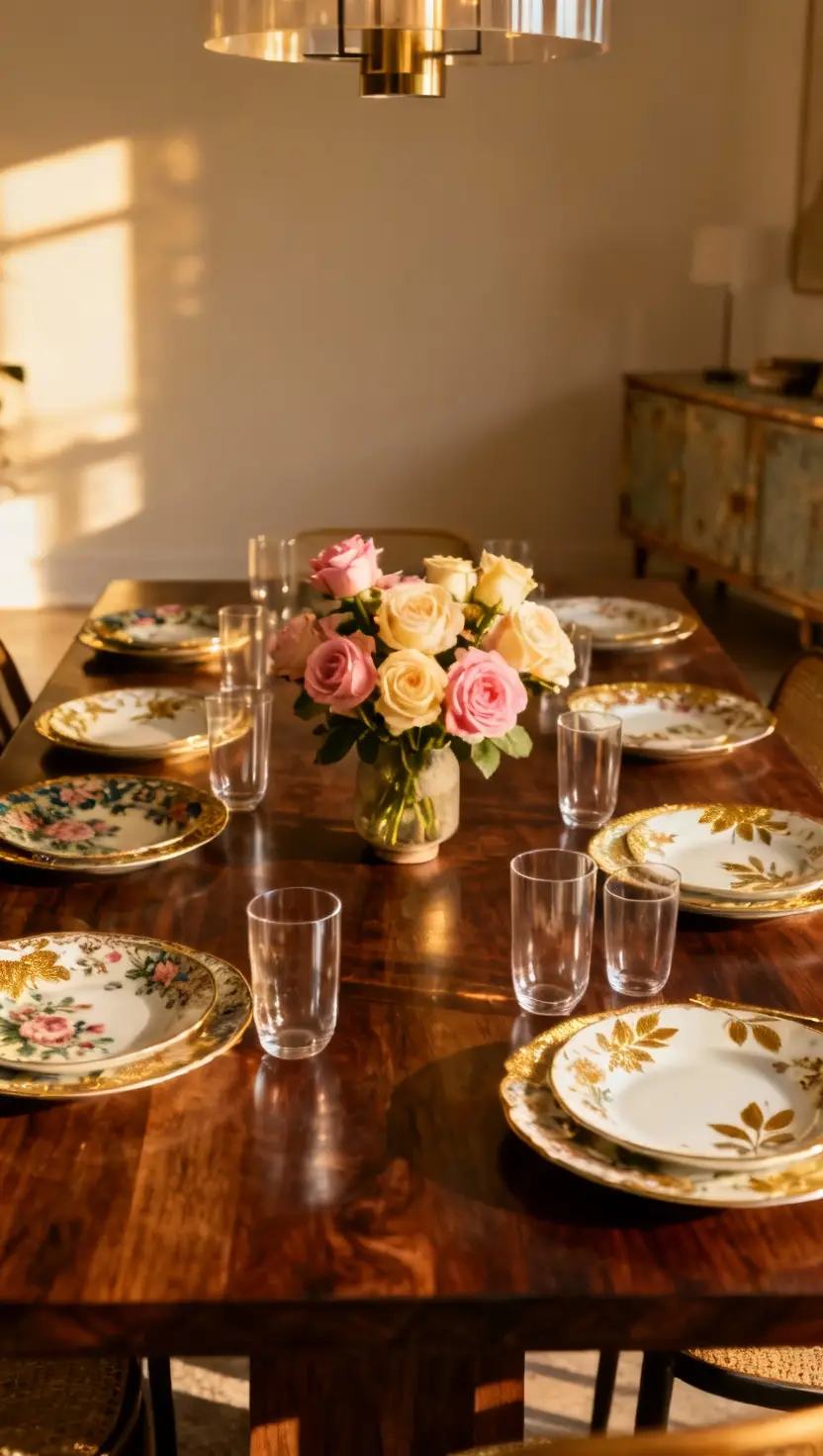 Vintage China Plates Mixed With Modern Glassware