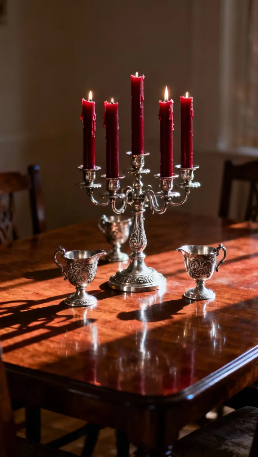 Vintage Silver Candlesticks With Deep Red Candles